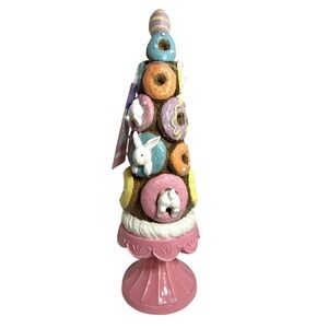 Sweet Treats Easter Donut Topiary Resin Figurine Pastel Bunny Pedestal Decor